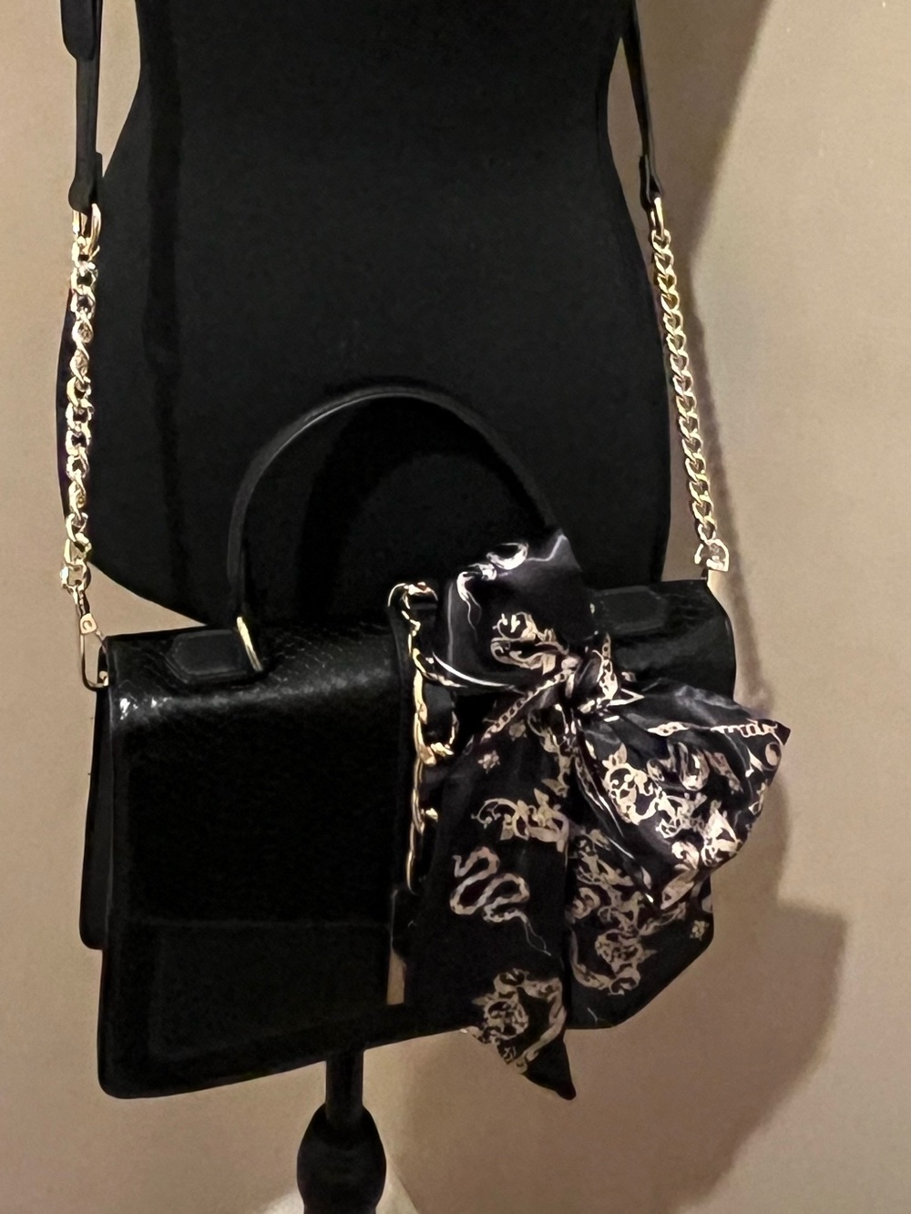Aldo Black Satchel with Gold Chain and Patterned Scarf